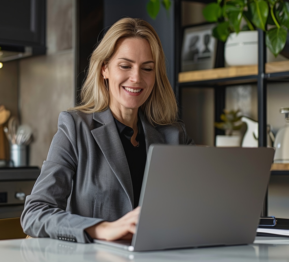 ceo business woman working on laptop computer in home office doing remote work content-image